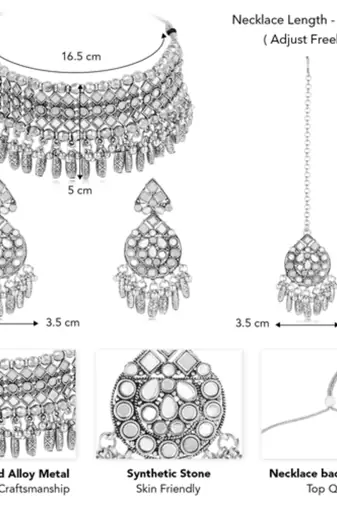 Women's synthetic stone studded choker necklace dangle earrings & maangtikka