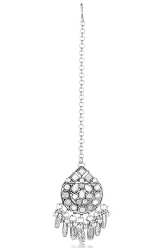 Women's synthetic stone studded choker necklace dangle earrings & maangtikka