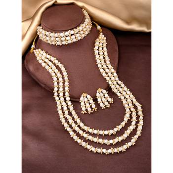 White beads studded long necklace & choker necklace with earrings 1