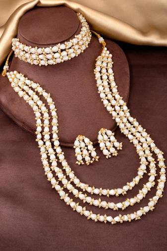 White beads studded long necklace & choker necklace with earrings
