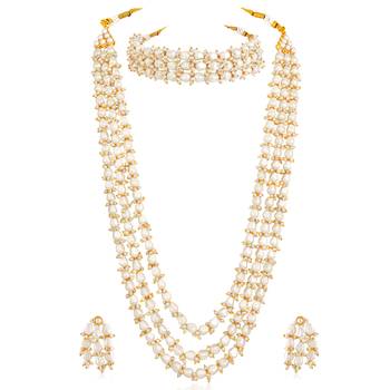 White beads studded long necklace & choker necklace with earrings 2