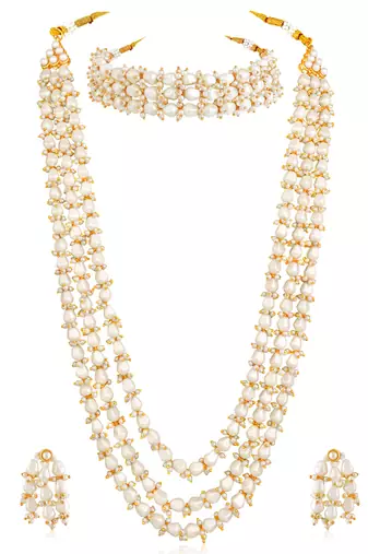 White beads studded long necklace & choker necklace with earrings