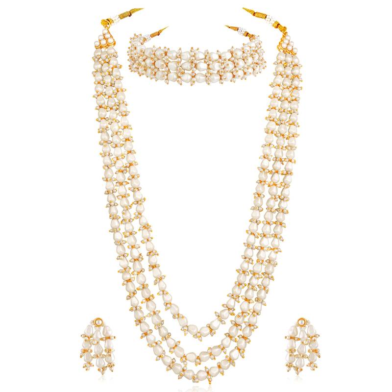 White beads studded long necklace & choker necklace with earrings