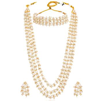 White beads studded long necklace & choker necklace with earrings 3