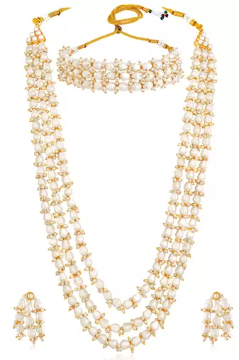White beads studded long necklace & choker necklace with earrings