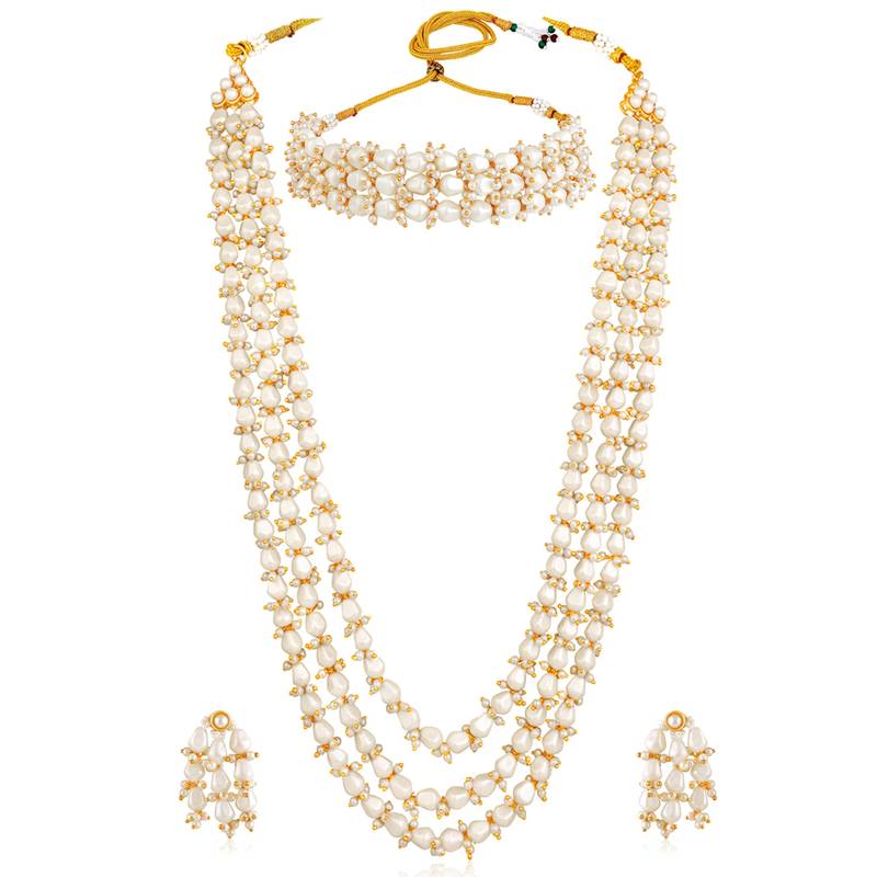 White beads studded long necklace & choker necklace with earrings