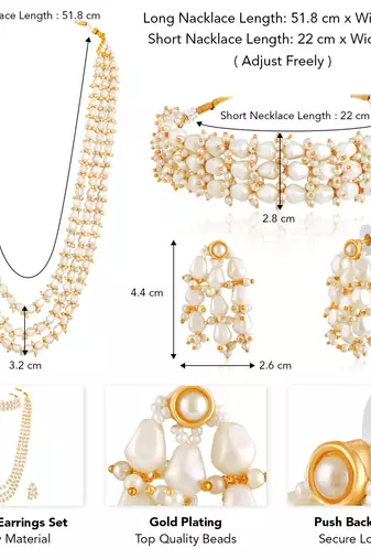White beads studded long necklace & choker necklace with earrings