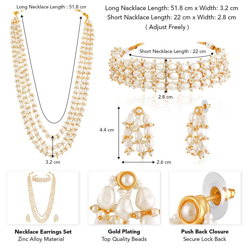 White beads studded long necklace & choker necklace with earrings