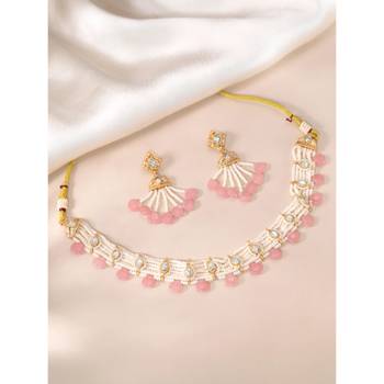 Women's pink crystal & beads studded necklace earrings set jewelry for women 1