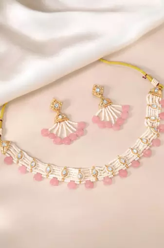 Women's pink crystal & beads studded necklace earrings set jewelry for women