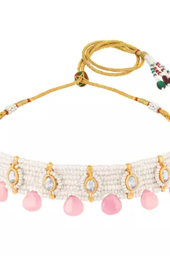 Women's pink crystal & beads studded necklace earrings set jewelry for women