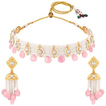 Women's pink crystal & beads studded necklace earrings set jewelry for women 5