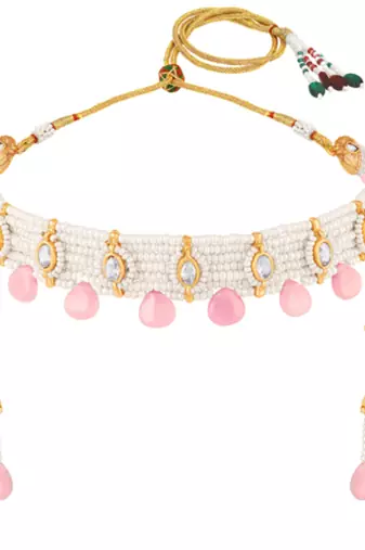 Women's pink crystal & beads studded necklace earrings set jewelry for women