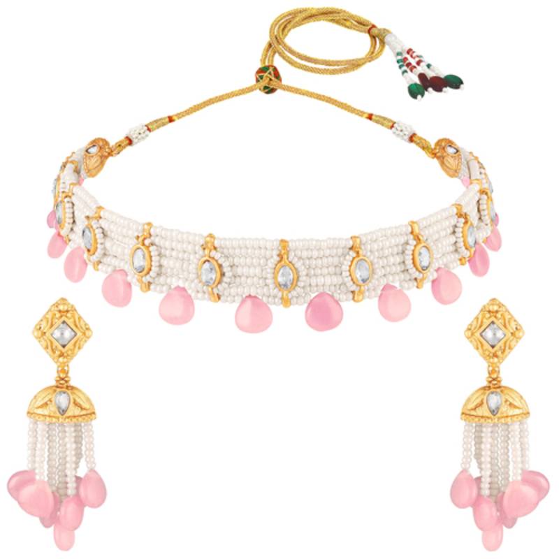 Women's pink crystal & beads studded necklace earrings set jewelry for women