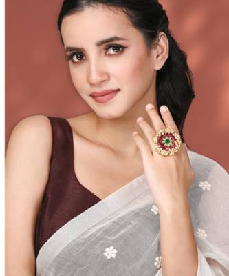 Rani pink green kundan & beads studded adjustable finger ring set ethnic gift for women 1