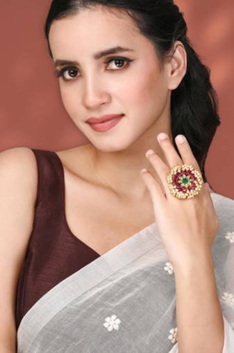 Rani pink green kundan & beads studded adjustable finger ring set ethnic gift for women