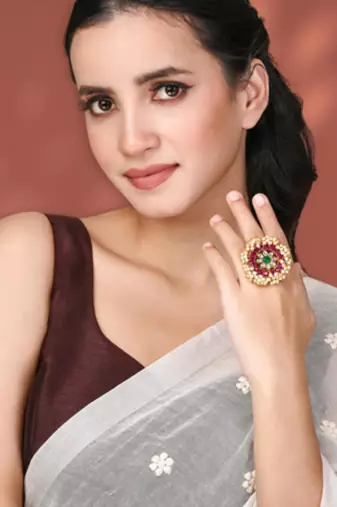 Rani pink green kundan & beads studded adjustable finger ring set ethnic gift for women