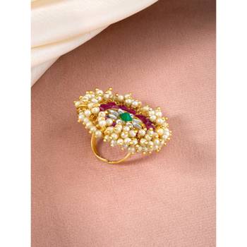 Rani pink green kundan & beads studded adjustable finger ring set ethnic gift for women 2