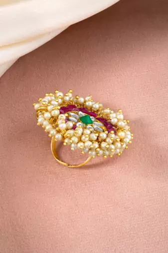 Rani pink green kundan & beads studded adjustable finger ring set ethnic gift for women