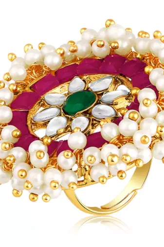 Rani pink green kundan & beads studded adjustable finger ring set ethnic gift for women