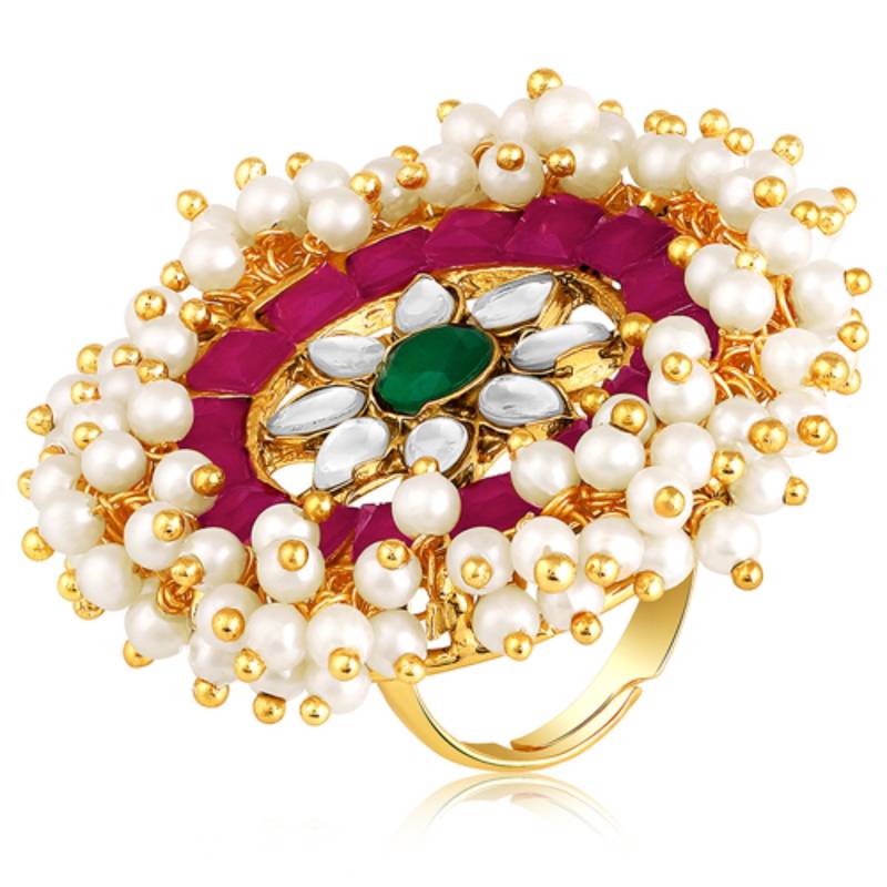 Rani pink green kundan & beads studded adjustable finger ring set ethnic gift for women