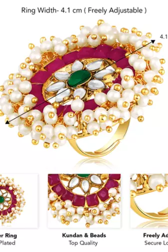 Rani pink green kundan & beads studded adjustable finger ring set ethnic gift for women