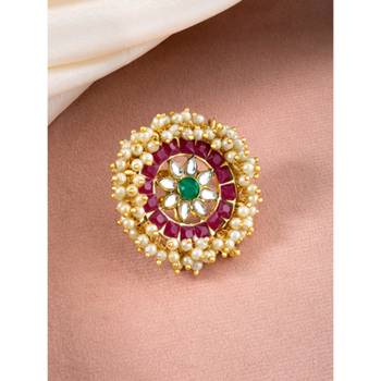 Rani pink green kundan & beads studded adjustable finger ring set ethnic gift for women 5