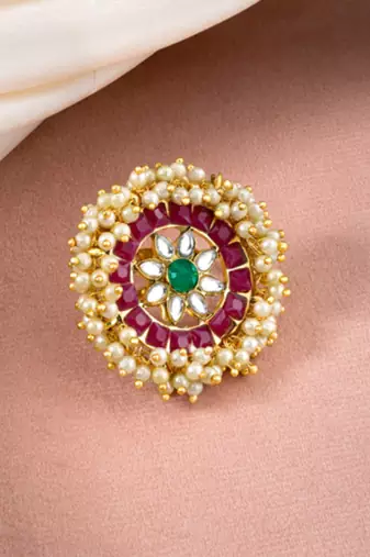 Rani pink green kundan & beads studded adjustable finger ring set ethnic gift for women