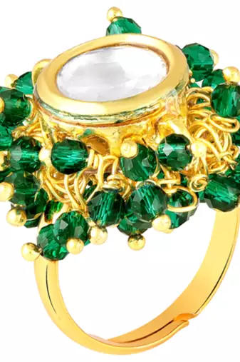 Crystal & green beads adjustable finger ring for women
