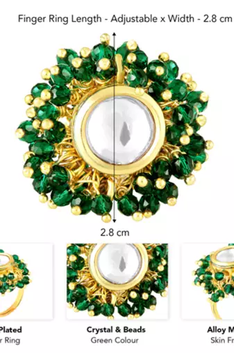 Crystal & green beads adjustable finger ring for women