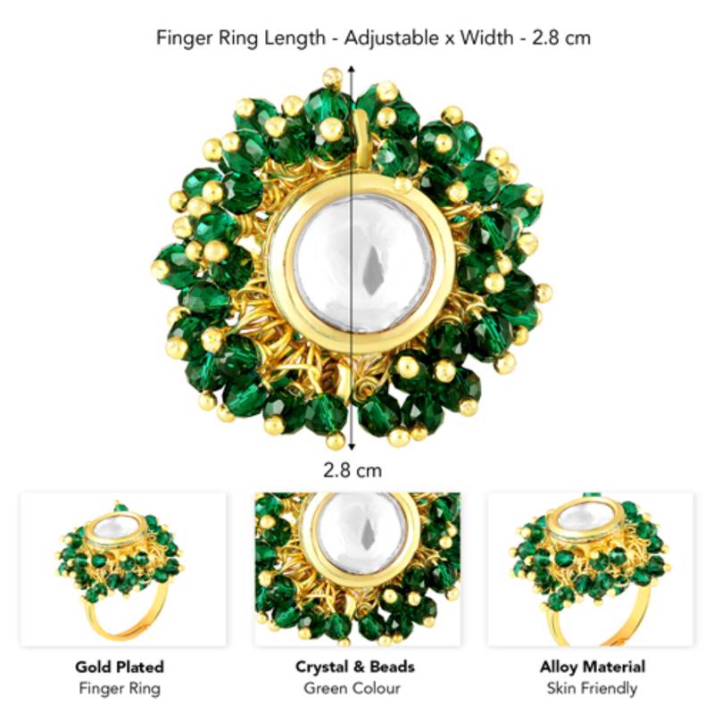 Crystal & green beads adjustable finger ring for women