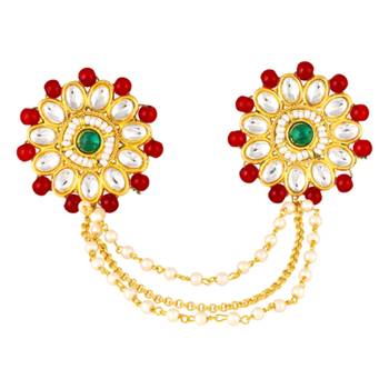 Red green kundan & beads twin finger ring for women 1
