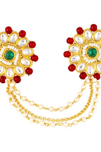 Red green kundan & beads twin finger ring for women