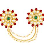 Red green kundan & beads twin finger ring for women