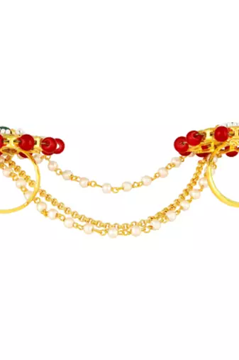 Red green kundan & beads twin finger ring for women
