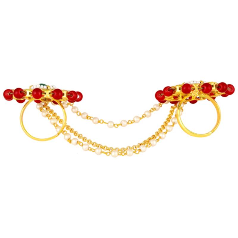 Red green kundan & beads twin finger ring for women