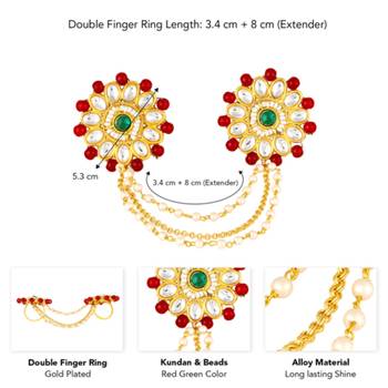 Red green kundan & beads twin finger ring for women 3