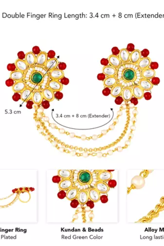 Red green kundan & beads twin finger ring for women