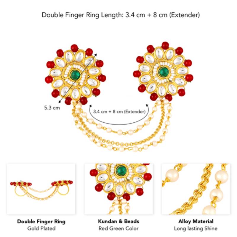 Red green kundan & beads twin finger ring for women