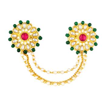 Red green kundan & beads studded adjustable twin finger ring fashion ethnic jewelry for women 1