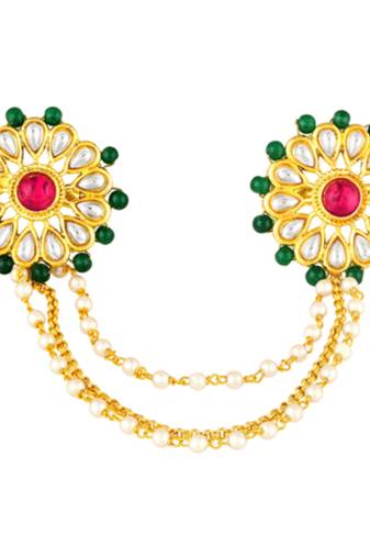 Red green kundan & beads studded adjustable twin finger ring fashion ethnic jewelry for women