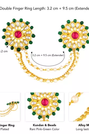 Red green kundan & beads studded adjustable twin finger ring fashion ethnic jewelry for women