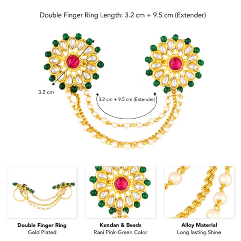 Red green kundan & beads studded adjustable twin finger ring fashion ethnic jewelry for women