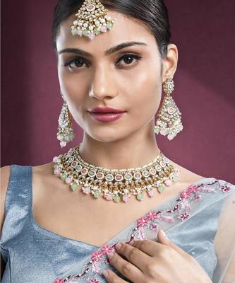 Women's kundan choker necklace dangle earrings & maangtikka bharatanatyam 1