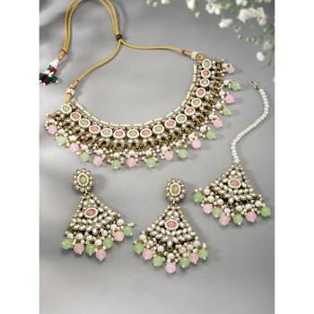 Women's kundan choker necklace dangle earrings & maangtikka bharatanatyam 2