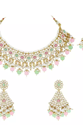 Women's kundan choker necklace dangle earrings & maangtikka bharatanatyam