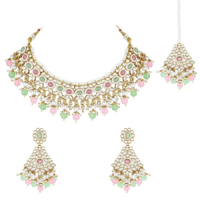 Women's kundan choker necklace dangle earrings & maangtikka bharatanatyam