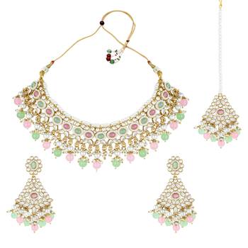 Women's kundan choker necklace dangle earrings & maangtikka bharatanatyam 5