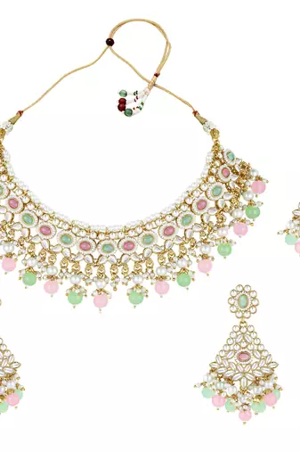 Women's kundan choker necklace dangle earrings & maangtikka bharatanatyam