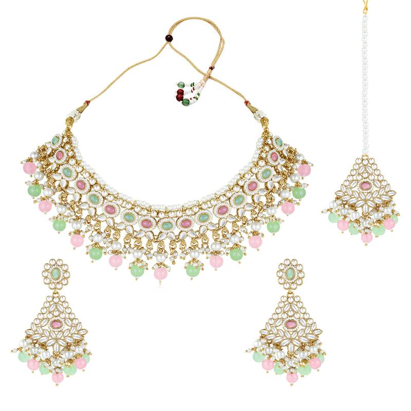 Women's kundan choker necklace dangle earrings & maangtikka bharatanatyam